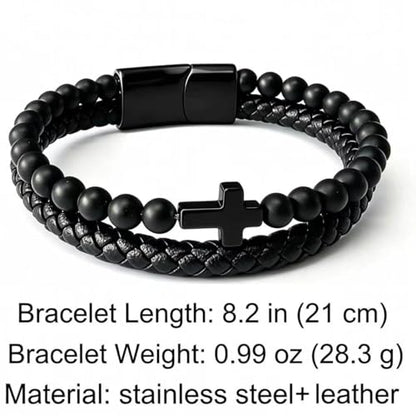 Kim Carrey Italian Handmade Leather Bracelets for Men - color: Black Cross, size: 8.2"
