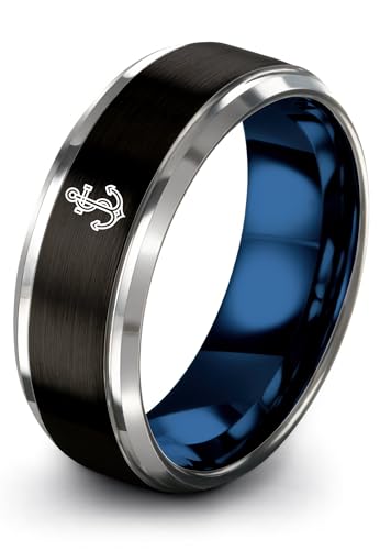 Gift for Nautical Fan - Anchor With Rope Ring - Men Women - Tungsten - Flat Dome Bevel - Band - Yellow Gold Black Silver Blue - Anniversary Wedding - 8mm - Brushed Polished - Personalized Custom Engra - color: 06 - Black Blue Grey Tungsten