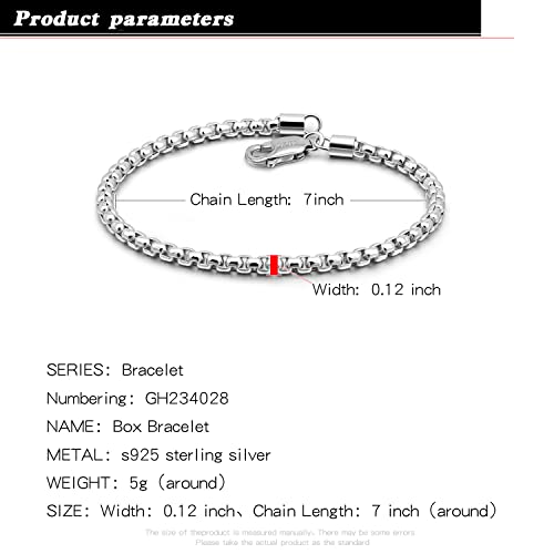 H&Beautimer Solid 925 Sterling Silver - Classic Men's 3MM Box Chain Bracelet - Original Silver Party Jewelry Bracelet 6.3-6.7-7-7.5-8-8.5-9'' - Handmade in Italy - color: Silver, size: 8.5 Inches