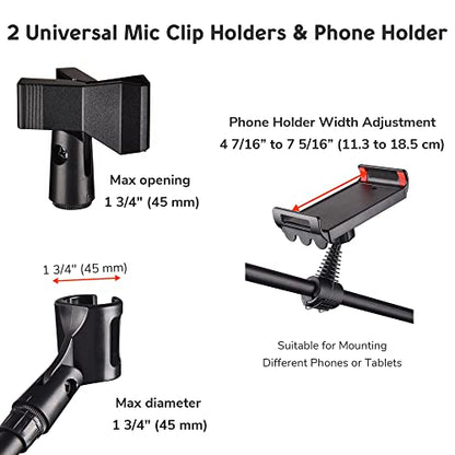 AW 12 Packs Microphone Boom Arm Stand Dual Mic Clips Adjustable Tripod - color: Black-2 Mic Clips+Phone Holder, size: 12 pcs