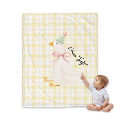 Personalized Birthday Goose Blanket, Yellow Plaid Baby Throw Gift - color: #Ver14