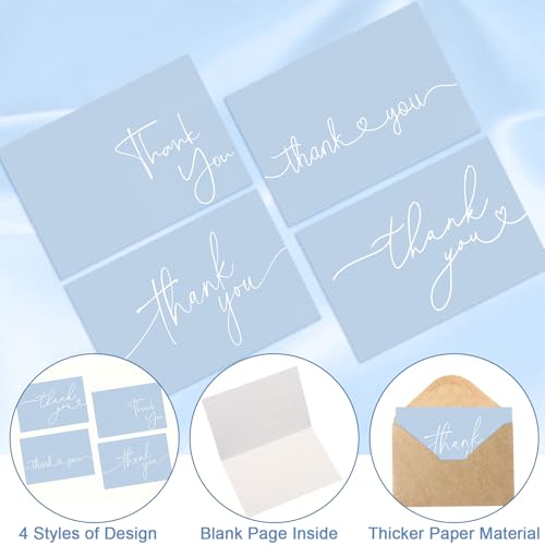 Teling 200 Set Thank You Cards with Envelopes Bulk, 6 x 4 Inch Blank Thank U Greeting Notes with Brown Kraft Envelopes Stickers Thankyou Card Set for Graduation Wedding Birthday Baby Shower(Blue) - color: Blue