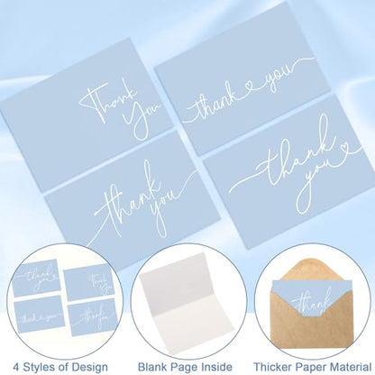 Teling 200 Set Thank You Cards with Envelopes Bulk, 6 x 4 Inch Blank Thank U Greeting Notes with Brown Kraft Envelopes Stickers Thankyou Card Set for Graduation Wedding Birthday Baby Shower(Blue) - color: Blue