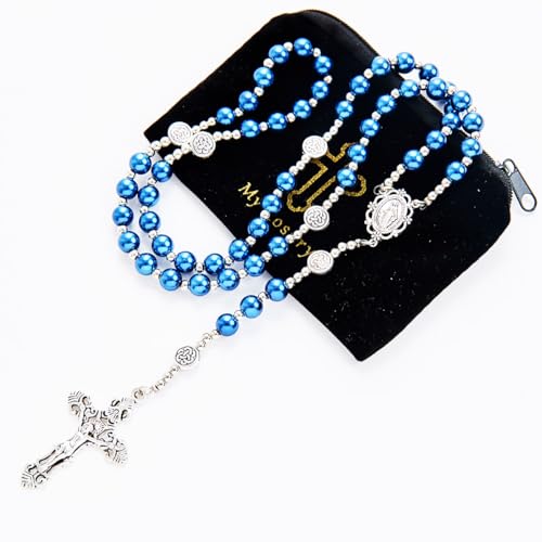 8mm Purple Pearl Beads Catholic Rosary Glass Beaded Acrylic String Necklace White Ceramics Bead Rosary Miraculous Medal Crucifix Cross Gift for Women Girls - color: Blue