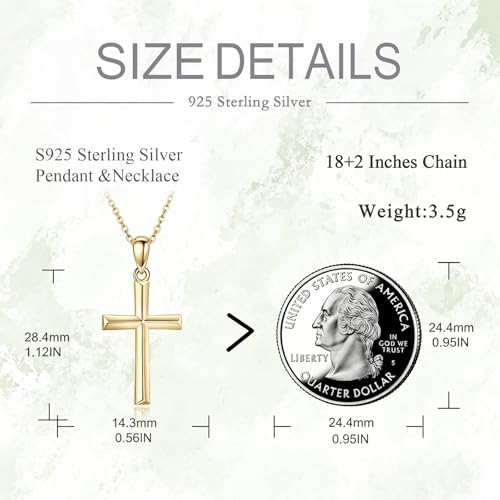 Minimalist Cross Necklace 925 Sterling Silver Dainty Pendant with Zircon Tail Chain Simple Religious Jewelry Gift for Women - color: gold