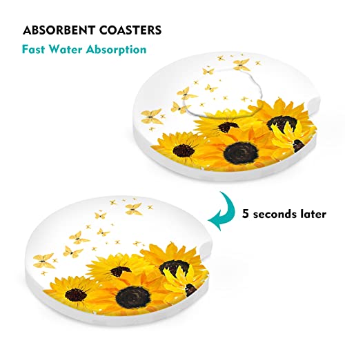 Car Coasters 2 Pack, Small 2.56" Stone Car Cupholder Absorbent Coaster Set for Women Men Drink Cup Holder Coasters (Sunflower&Butterfly) - color: Sunflower&butterfly
