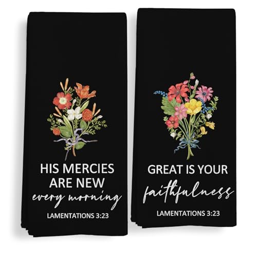 Christian Floral Kitchen Towels Set of 2, Floral Hand Towels for Bathroom, Bible Verse Scripture Wildflowers Black Decorative Dish Tea Towels for Kitchen, Christian Gifts for Women, 16X24In - color: Black-morning