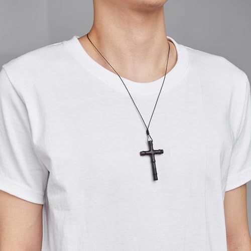 Men's Wooden Cross Necklace Real Handcrafted Ebony Wood Cross Pendants With Leather Necklaces Men's Black Cross Necklaces Christian Baptism Crucifix Pendant for Men(bamboo grain