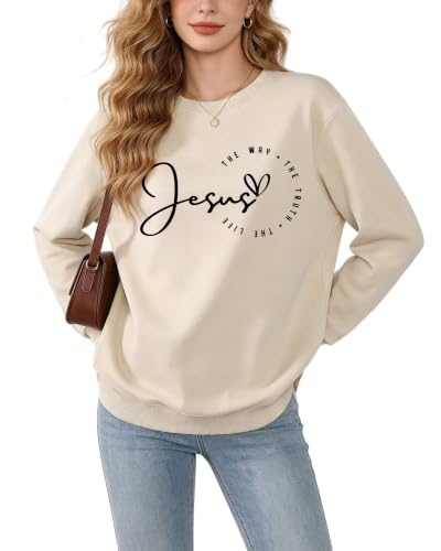 Christian Sweatshirts for Women Jesus Long Sleeve Graphic Shirts - color: Beige1, size: Medium