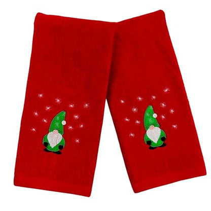 Christmas Red Guest Hand Bathroom Towels, Cute Festive Winter Gnome, 16x26" - color: Green Gnome on Red