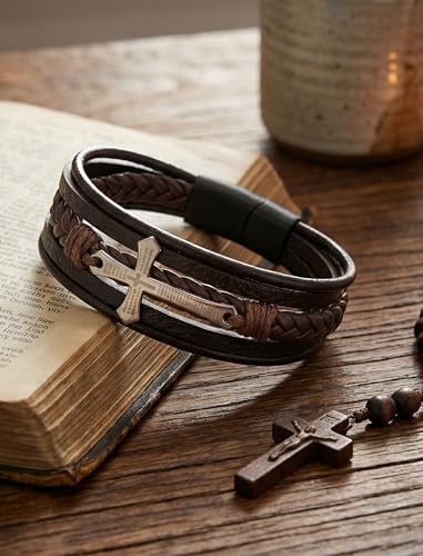 Mens Leather Cross Bracelet Multilayer Braided Wristband Bangle Bracelets with Stainless Steel Buckle Religious Gift for Men Brown/Black/Blue–8.3 inch - color: Style1, size: 8.3in(Fits most wrists)