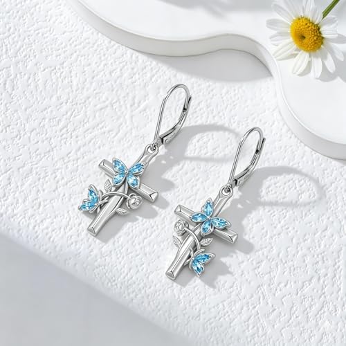 Butterfly Earrings for Women 925 Sterling Silver Birthstone Butterfly Cross Rose Dangle Earrings Elegant Butterfly's Jewelry Gift for Birthday Valentines Day Christmas - color: 3-March