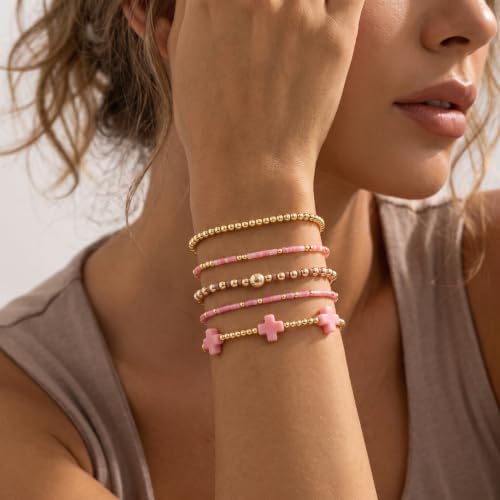 Gold Beaded Bracelets Stack for Women Stackable 14K Gold Plated Beads Ball Cross Bracelet Boho Christian Jewelry Faith Friendship Birthday Gifts for Women - color: Pink