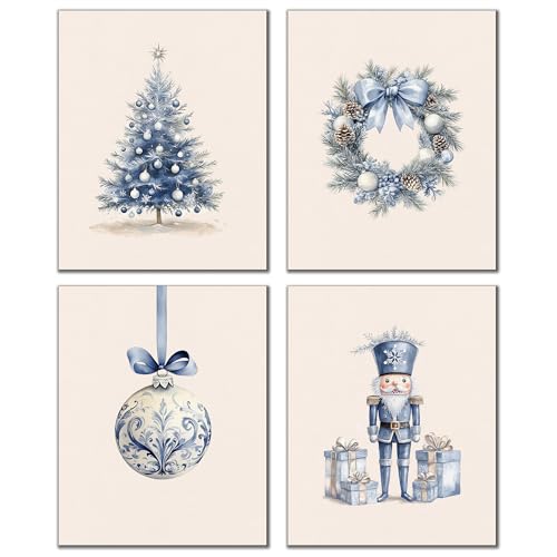 DOFQZ Blue and White Chinoiserie Christmas Wall Art Prints Set of 4, Grandmillenial Christmas Decor, Nutcracker Xmas Tree Wreath Holiday Winter Posters for Girls Dorm Apartment Decor, 8x10 Unframed - color: 11Child, size: 8*10