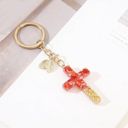 Angyape Cute Christian Cross Keychain for Women Purse Bag Charms Car Key Rings Accessories Flower Design Jesus Faith Gifts - color: H：red