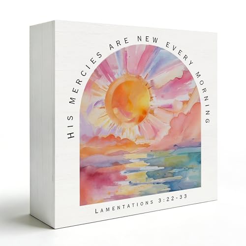 Christian Bible Verse Decor Wooden Box Sign 5x5 Inch, His Mercies Are New Every Morning Lamentations 3:22-23 Scripture Decorative Wood Signs for Home Office Desk Tabletop Shelf Decorations - color: Wooden Box Sign H