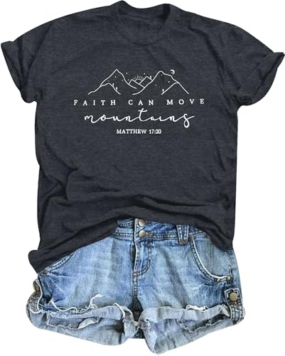 FAYALEQ Womens Christian Shirt Faith Can Move Mountains T Shirts Faith Tee - color: Gray, size: X-Large