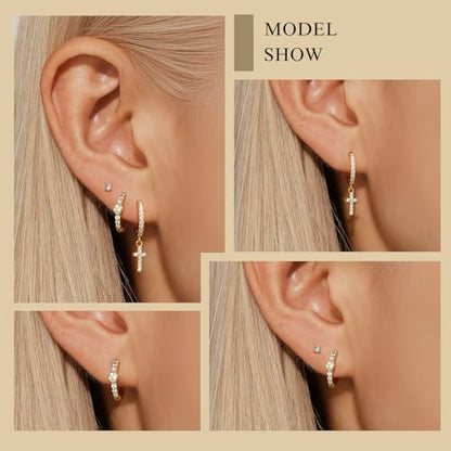 Angelady Gold Hoop Earrings Set for Women, Dainty 14K Gold Plated Flower Moon Cross Dangle Earrings, Hypoallergenic Huggie Hoop Earring Stacks, Stud Earrings for Women Trendy Jewelry Gift - color: Gold,Cross Earrings