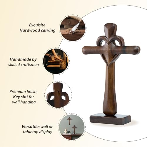 DAICAT - Hand-carved Wooden Cross Wall Decor, 10 Inch Tall Larger Cross for Home Decor, Cross Decor for Wall, Hand made Wood Crosses Wall and Table, Wedding Gifts for Couple (No 5)