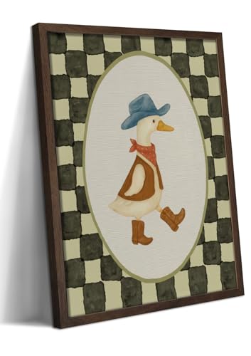 Vintage Cowboy Goose Framed Wall Art, Silly Goose Canvas Prints for Kids Room, Checkered Western Nursery Wall Decor in Wood Frame, Farmhouse Picture for Bedroom Living Room 12x16 inch - color: Cowboy Duck, size: 16"L x 12"W