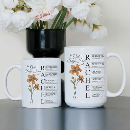 Personalized God Says I Am Mug - Custom Bible Verse Birth Flower Cup - Christian Coffee Mug - Religious Gift for Women - color: GOD-IAM-M1
