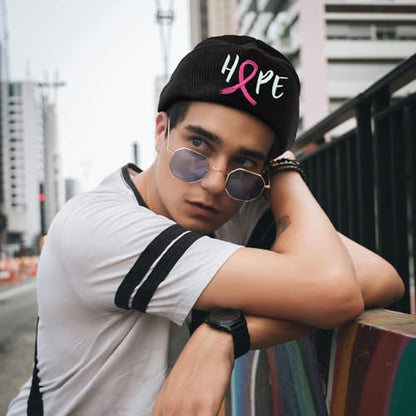 Black Beanie Hat for Men Women Embroidered Knit Winter Beanies Cap - color: Breast Cancer