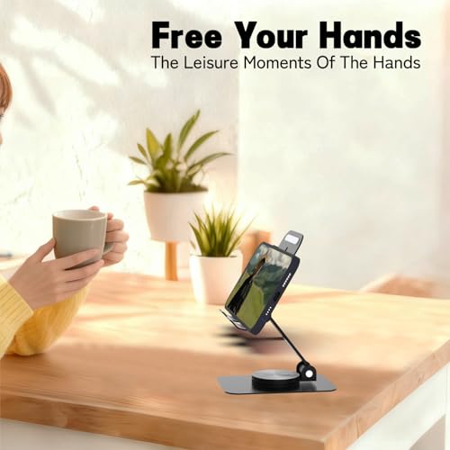 Metal Cell Phone Stand for Desk, Multi-Angel Adjustable 360° Rotation Non-Slip and Foldable Mobile Phone Stand, Compatible with iPhone 18/17 Series and All Smartphones, Black - color: Black