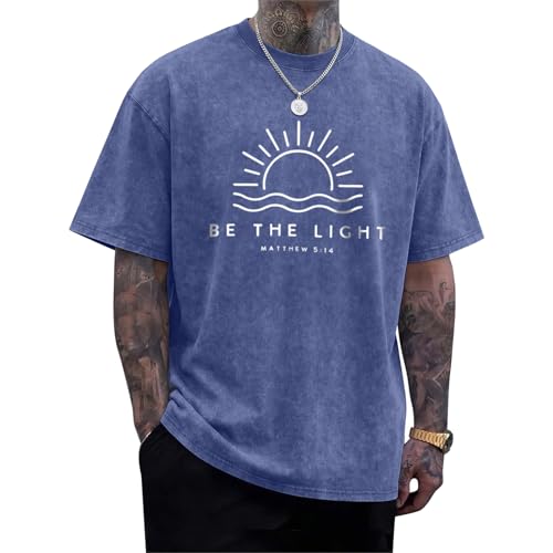 Christian Be The Light Shirts for Men Jesus God Faith Religious Bible Verse T Shirt Oversized Acid Wash Graphic Tees - color: Blue, size: Small