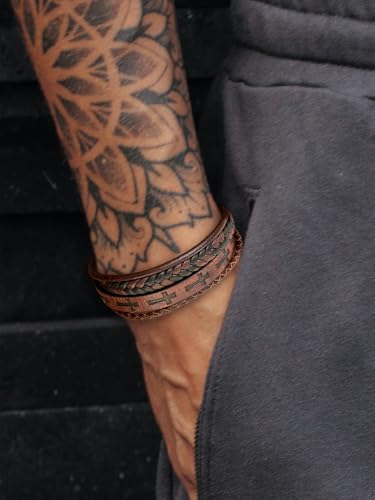Mens Leather Cross Bracelet Multilayer Braided Wristband Bangle Bracelets with Stainless Steel Buckle Religious Gift for Men Brown/Black/Blue–8.3 inch - color: Brown-1, size: 8.3in(Fits most wrists)