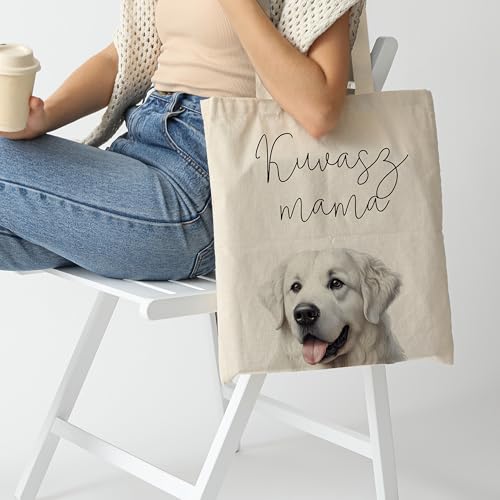 Dog Mom Canvas Tote Bag for Women, Reusable Cotton Shoulder Bag, Dog Lover Gift, Mother’s Day Pet Mom Shopping Tote - color: Kuvasz