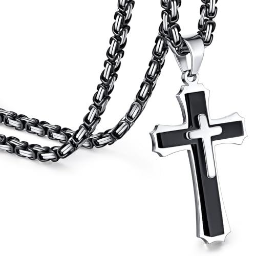 FLHEART Byzantine Cross Necklace for Men, Black Silver Stainless Steel Cross Chain Pendant Necklace Masculine Chunky Sturdy Mens Christian Jewelry Gift 22/24 Inch - color: Black, size: 24In