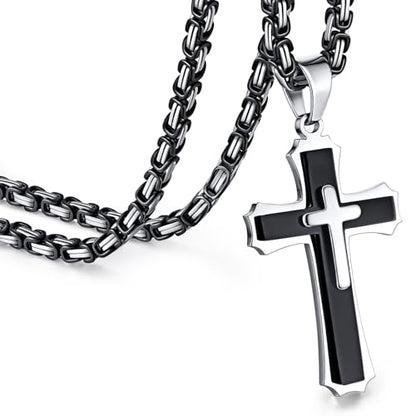 FLHEART Byzantine Cross Necklace for Men, Black Silver Stainless Steel Cross Chain Pendant Necklace Masculine Chunky Sturdy Mens Christian Jewelry Gift 22/24 Inch - color: Black, size: 22In