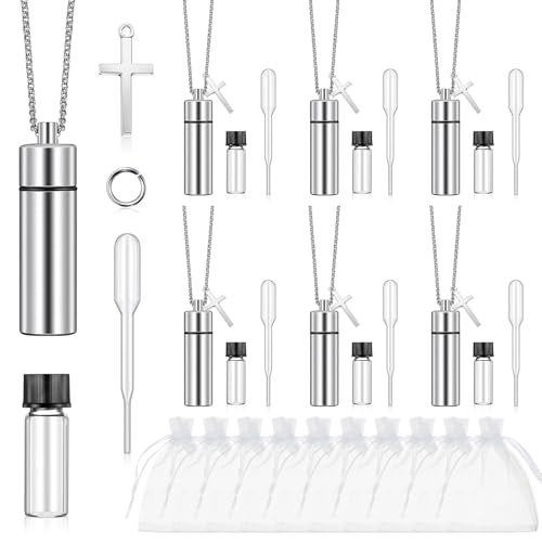 Tandefio 10 Sets Anointing Oil Bottles Necklace Bulk Catholic Holy Water Bottles Necklace with Empty Glass Vial Eyedropper Cross Pendant for Baptism Party Favors Christian First Communion Gifts