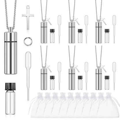 Tandefio 10 Sets Anointing Oil Bottles Necklace Bulk Catholic Holy Water Bottles Necklace with Empty Glass Vial Eyedropper Cross Pendant for Baptism Party Favors Christian First Communion Gifts