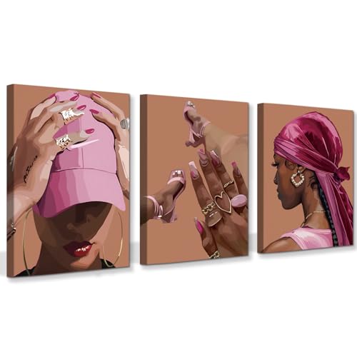 Black Girl Poster Pink Bedroom Wall Decor Set of 3 - color: Framed 12"x16" Black Girl Wall Art Set of 3