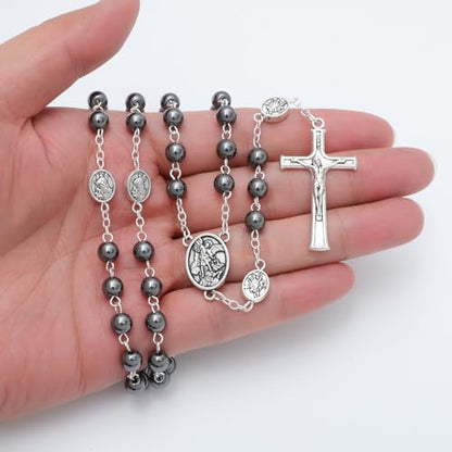 KOMI 6mm Glass Pearl Rosary Beads Catholic for Women with Metal Rosary Box Religious Gifts - style: St Michael-hematite