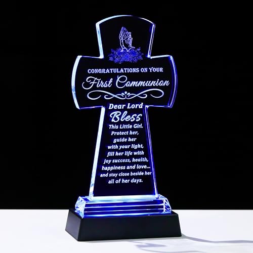 Qianwei First Communion Gifts for Girls Boys, Crystal Cross Gift 3D Engraving Crystal Praying Girl Figurine First 1st Communion Veil Decoration, Baptism Gifts for Girls Catholic - color: Communion-cross