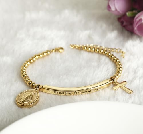 DS Women Christian Charm Bracelet,Cross Scripture Stainless Steel Jewelry - style: Do not fear for,I am with you-Gold