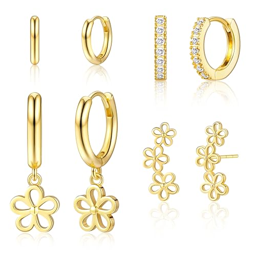 Small Gold Huggie Hoop Earrings Set for Women Men Hypoallergenic 14K Plated Stack Cartilage Earrings, Sterling Silver Multiple Piercing Lightweight Mini Thin Cute Dainty Trendy Jewelry Gifts for Women - color: Gold-Flower