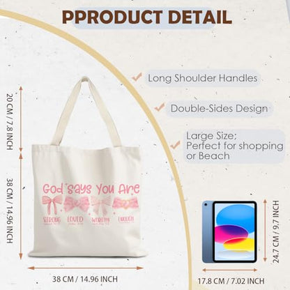 God Says You are Christian Canvas Tote Bags for Women, Inspirational Christian Gifts for Women - color: Pink Bow God Says