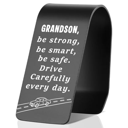 YODOCAMP Drive Safe Grandson Car Visor Clip, Be Strong Be Smart Be Safe Engraved Reminder, Gift for Grandson from Grandma Grandpa, Safe Driving Car Accessory TZC196 - color: Black-C196
