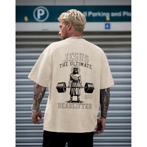 Mens Oversized Christian Shirts Jesus Faith Shirt Funny Gym Graphic Tees God Religious Bible Verse Acid Wash Tshirts - color: Apricot, size: X-Large