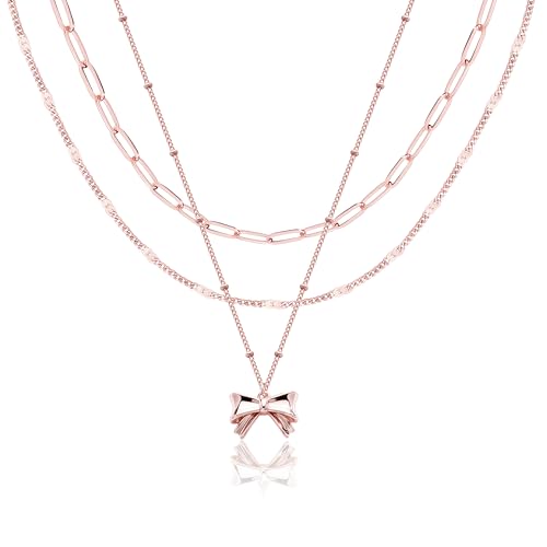 Poxtex Layered Gold Necklaces for Women, Stackable Dainty 14K Gold Silver Plated Trendy Simple Heart Diamond Cross Bow Circle Pendant Paperclip Choker Dot Chain Necklace,Jewelry Set Gifts for Women - color: Rose Gold, style: Bow1
