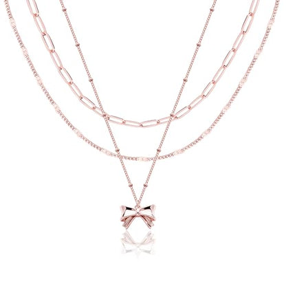 Poxtex Layered Gold Necklaces for Women, Stackable Dainty 14K Gold Silver Plated Trendy Simple Heart Diamond Cross Bow Circle Pendant Paperclip Choker Dot Chain Necklace,Jewelry Set Gifts for Women - color: Rose Gold, style: Bow1