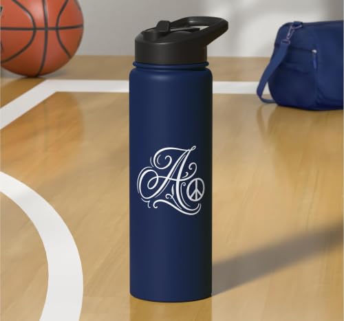fancy Italic script Initial Letter A minimalist peace symbol Stainless Steel Insulated Water Bottle - color: Navy Blue