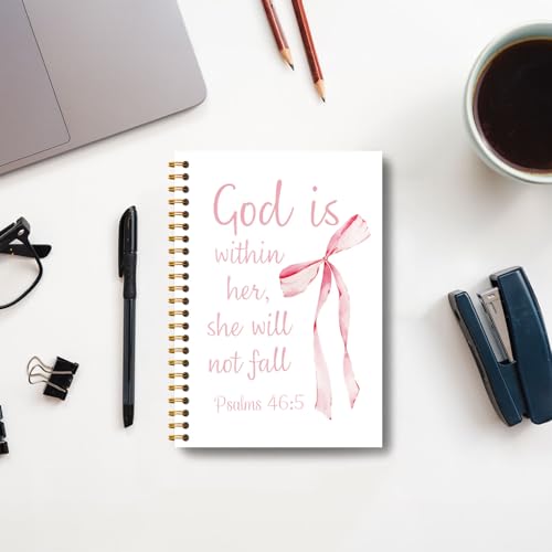 Coquette Pink Bow Christian Notebooks foe Women, God is Within Her She Will Not Fall Bible Journaling Notebook, Church Notes Journal, Prayer Journal, Hardcover Spiral Notebook 5.5x8.3 Inch - color: Section 5