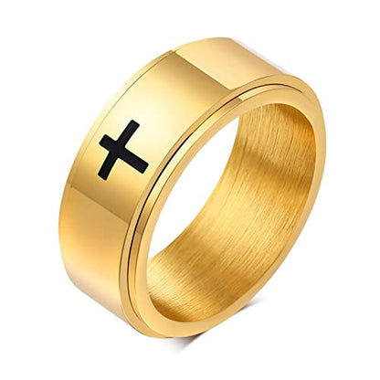 6mm/8mm Titanium Steel Black/Silver/Gold Fidget Ring Engraved Small Cross Stainless Steel Spinner Rings Stress Relieving Anxiety Ring Engagement Wedding Promise Band for Women Men Size 5-15 - color: 8mm Gold