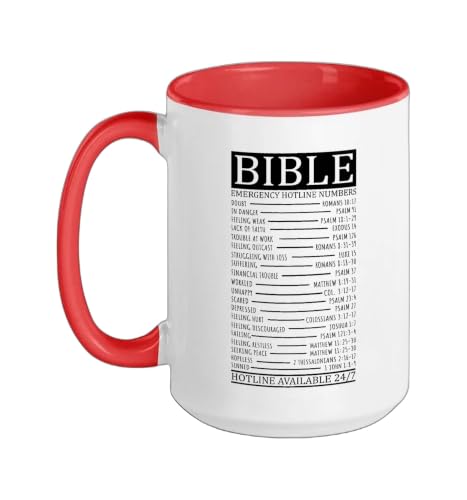 Bible Emergency Hotline Numbers | Christian Ceramic Mug, Red/White, 15oz - color: Red/White, size: 15 Ounces
