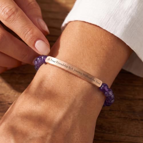 Amethyst Christian Bracelet for Women, 18K Gold Plated Bible Verse Jewelry, Inspirational Religious Faith Gift, Scripture Jewelry for Encouragement & Strength - color: A true friendship is a journey without an end-Amethyst Rose Gold