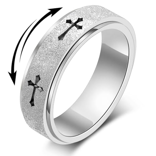 Fidget Toys Adults Spinner Women, Cross Anxiety Relief Stainless Steel Dual Layers Thumb Jewelry Spinning Band Silver Gold Plated Size 6 7 8 9 10 (Silver-Cross, Size 7) - color: Silver-cross, size: Size 7